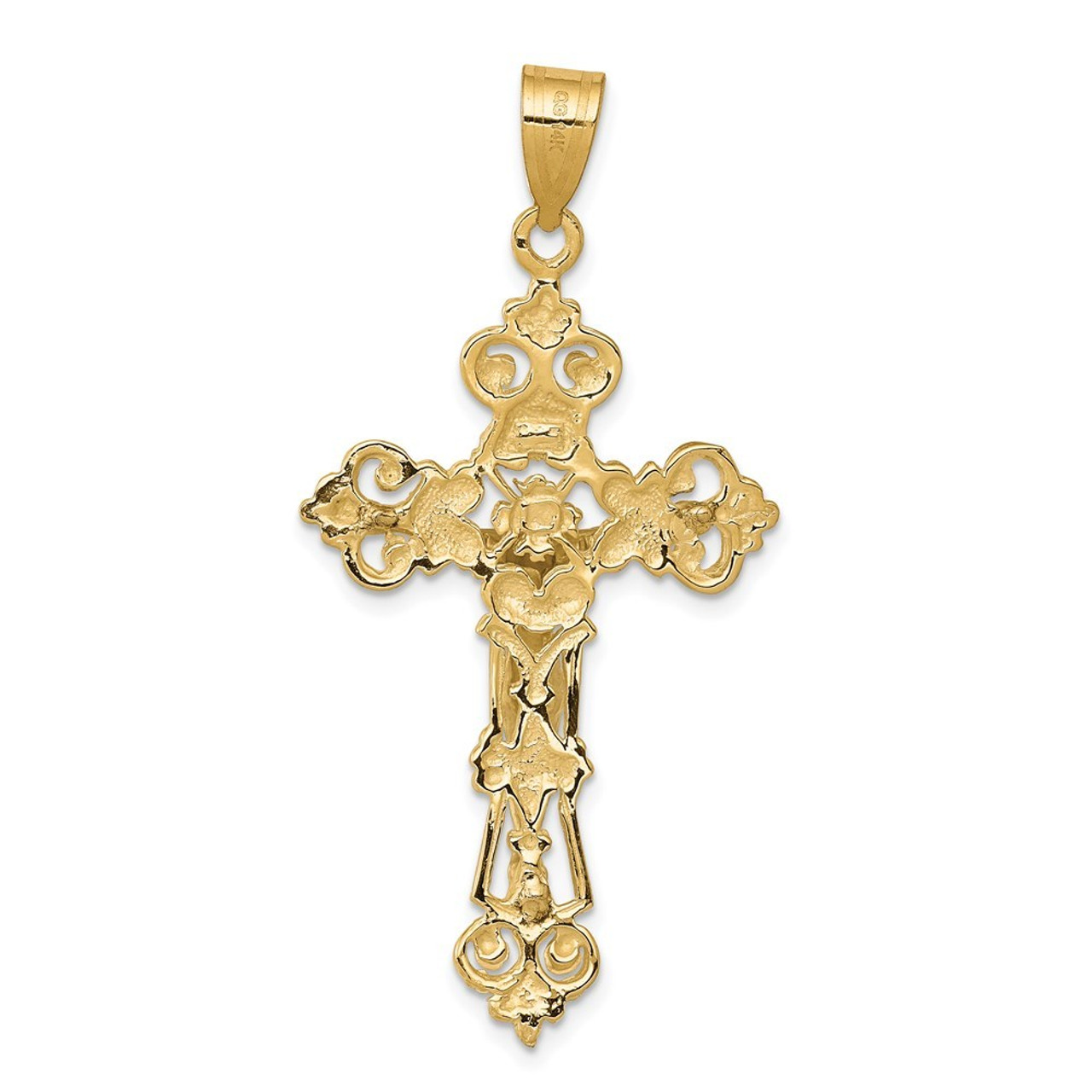 14K Two-tone Gold INRI Fleur De Lis Crucifix Pendant 47mm length - (A83-471)