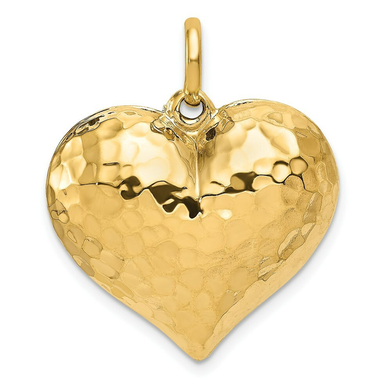 14K Yellow Gold Hollow Polished Hammered Medium Puffed Heart Charm - (A83-984)
