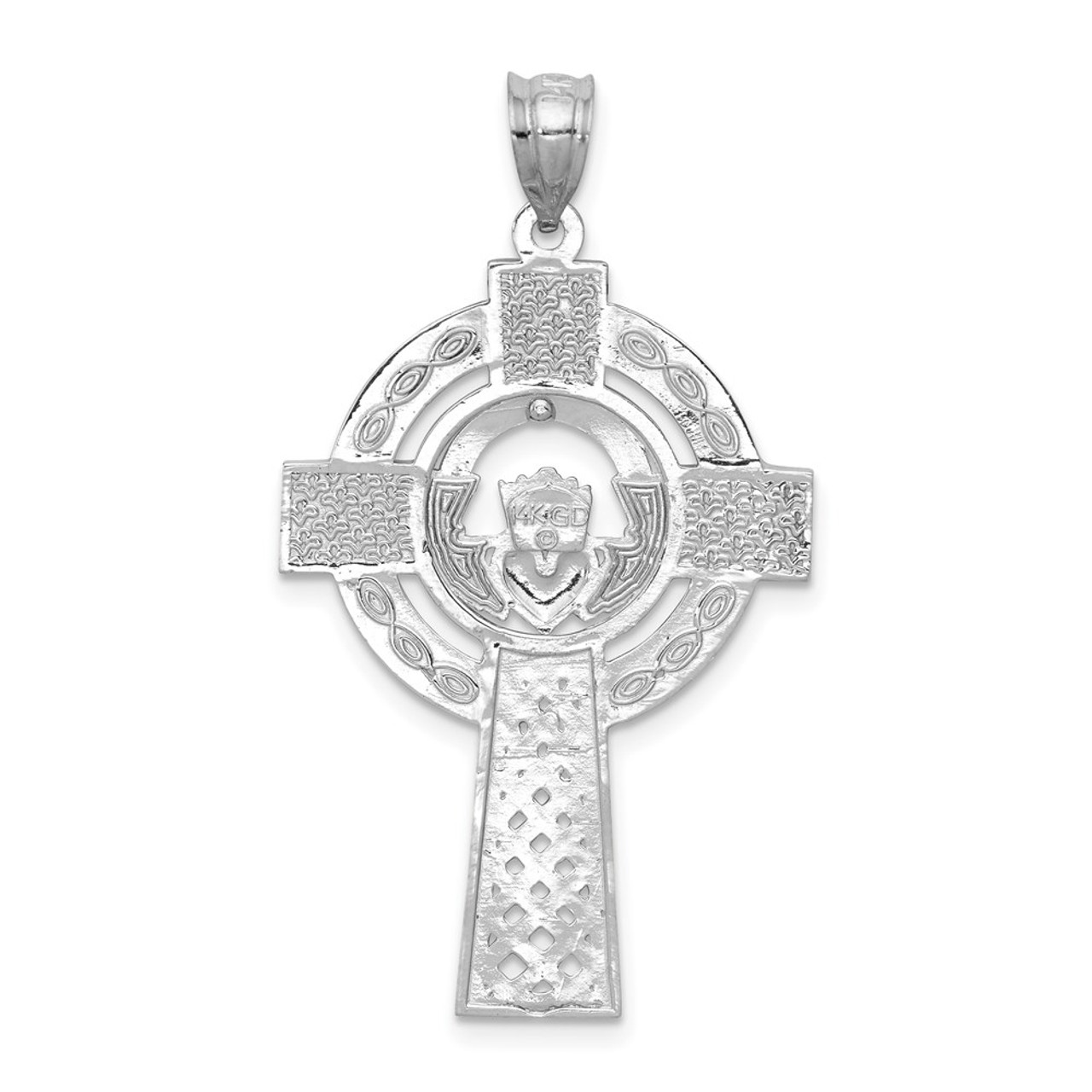 14K White Gold Celtic Claddagh Cross Pendant - (A84-629)