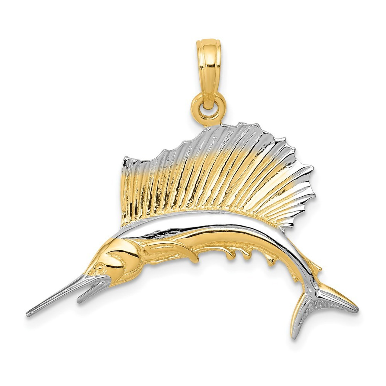 14K Yellow Gold & White Rhodium SailFish Pendant - (A85-465)