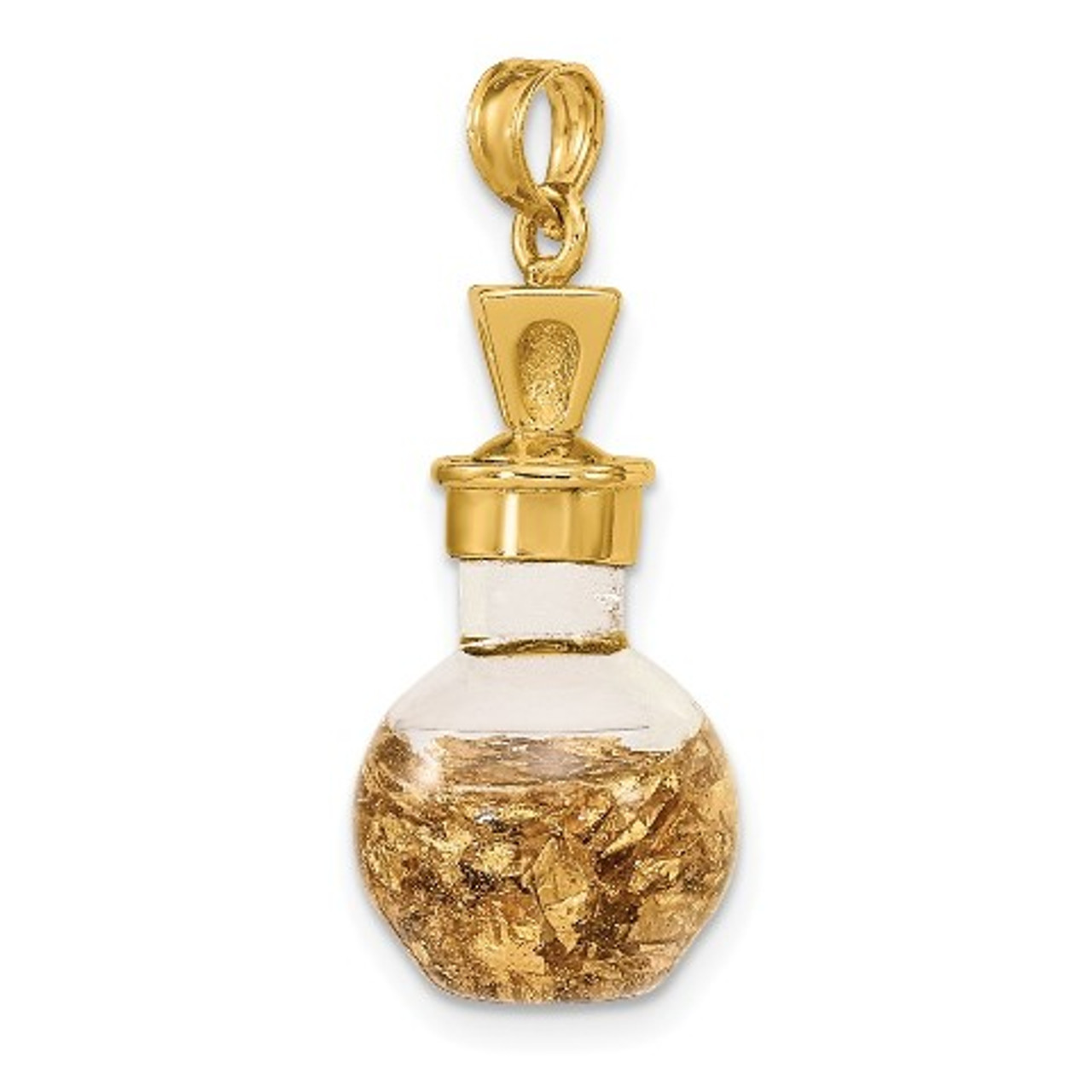14K Yellow Gold 3-D Gold Leaf In Bottle Charm Pendant - (A92-617)