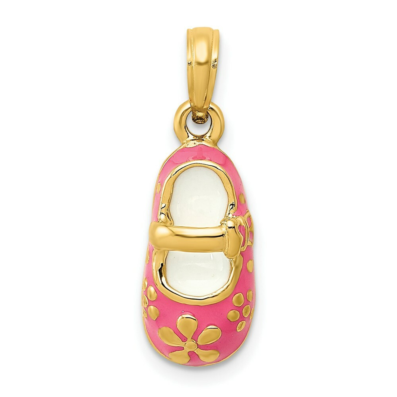 14K Yellow Gold Pink Enameled Baby Shoe Pendant - (B11-913)