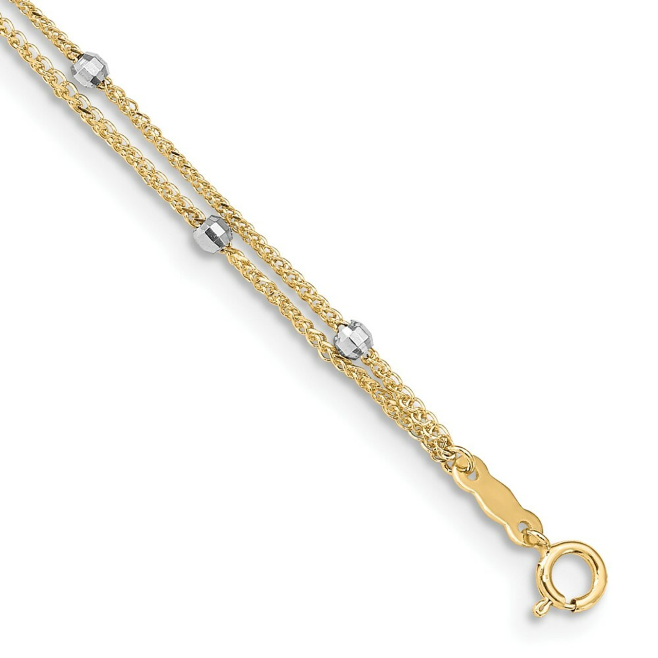 14K Two-tone Gold 2 Stands Spiga Mirror Beads W/ 1'' extension Anklet - Length 9'' inches - (C64-241)