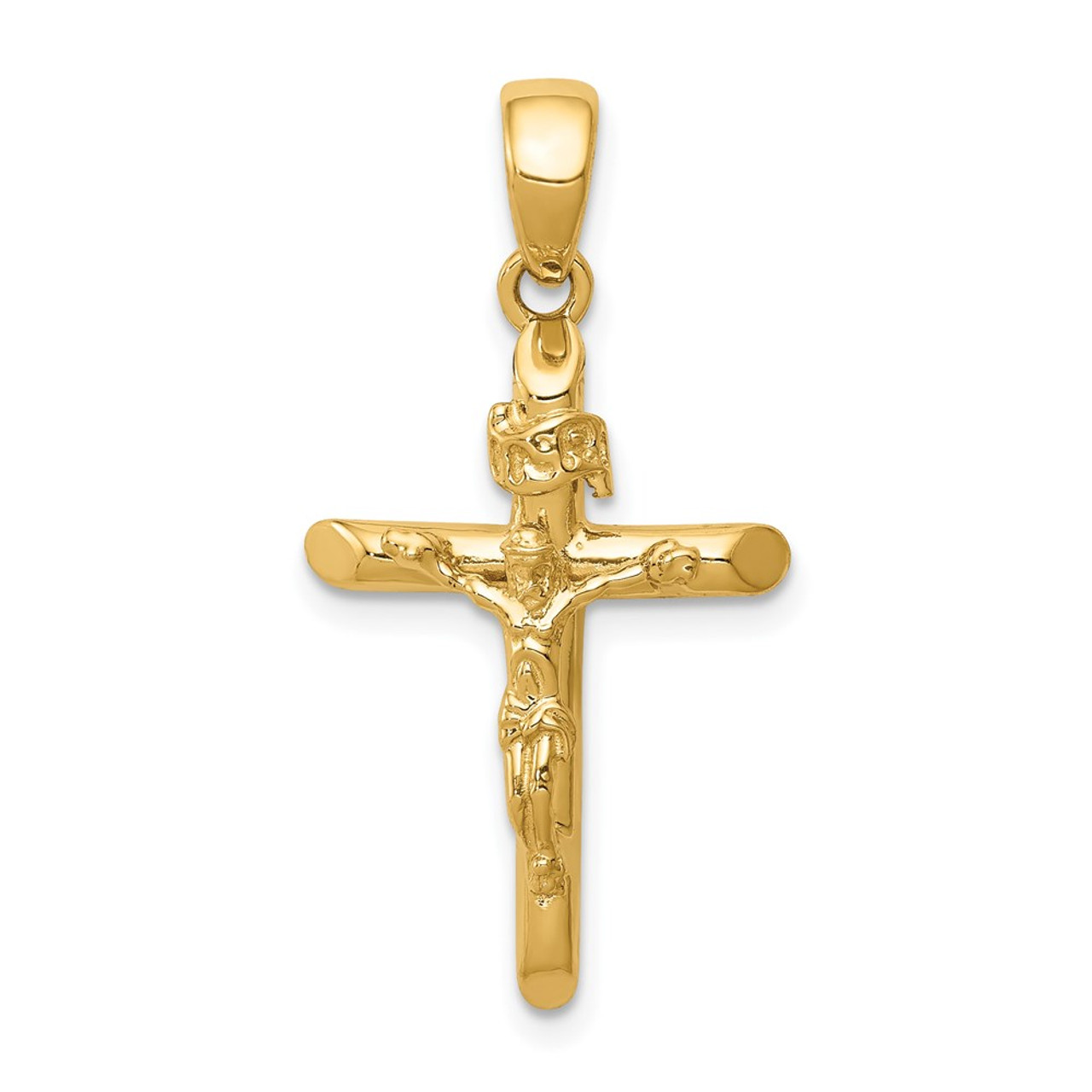 14K Yellow Gold Polished 2-D Crucifix with Jesus On Cross Pendant