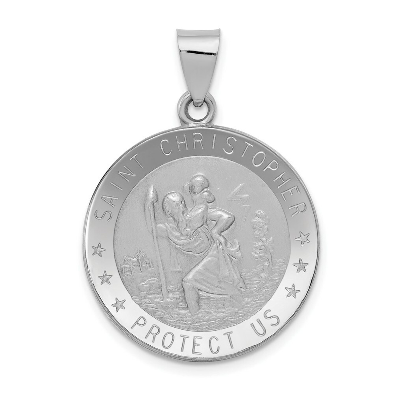 14K White Gold Polished and Satin Saint Christopher Medal Pendant 22mm width - (B11-330)