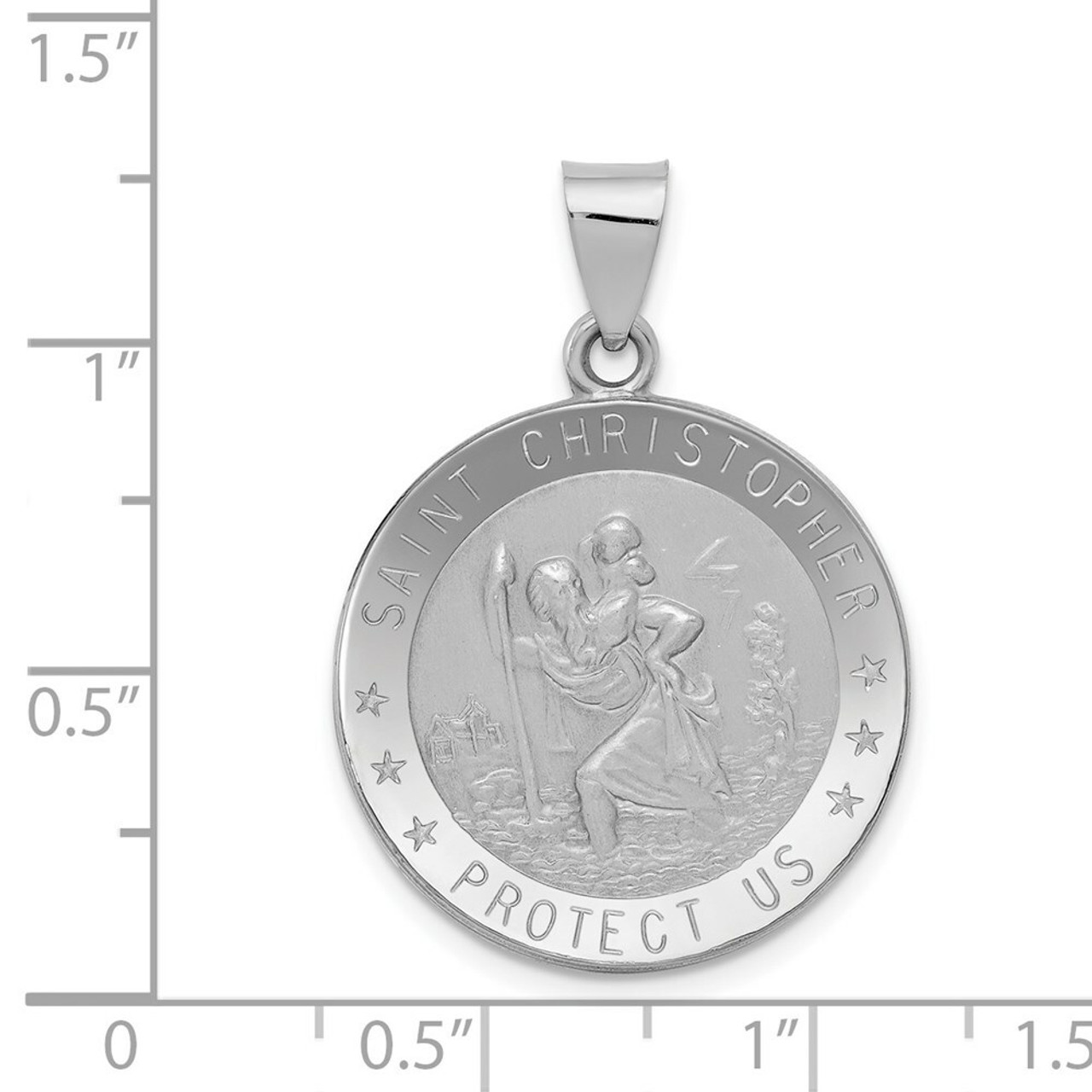 14K White Gold Polished and Satin Saint Christopher Medal Pendant 22mm width - (B11-330)