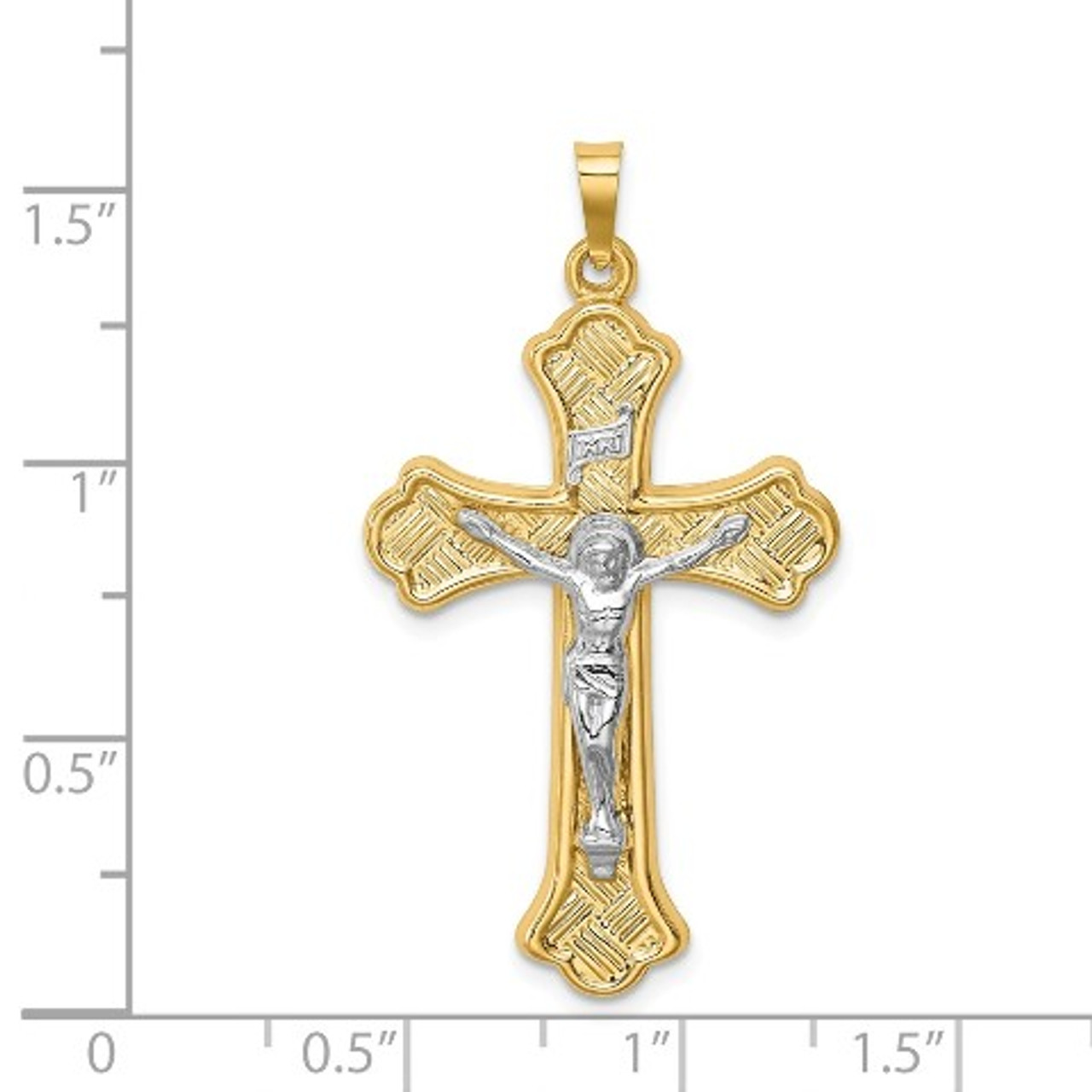 14K Two-Tone Gold Hollow Polished Woven Fleur de Lis Crucifix - (B14-499)