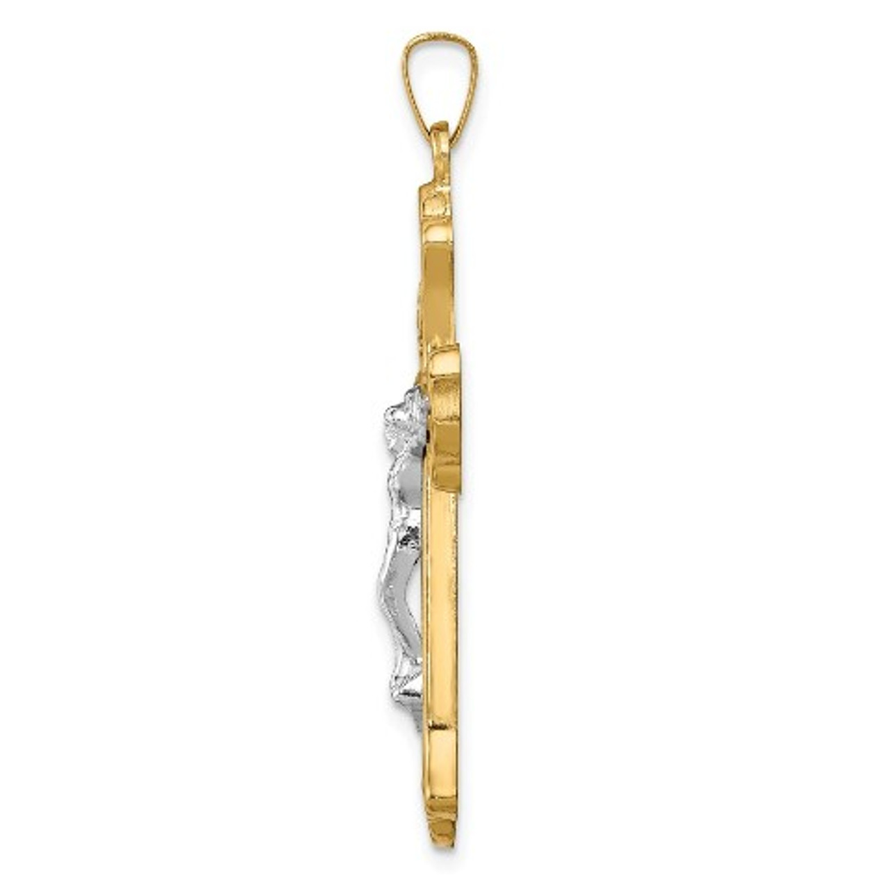 14K Two-Tone Gold Hollow Polished Woven Fleur de Lis Crucifix - (B14-499)