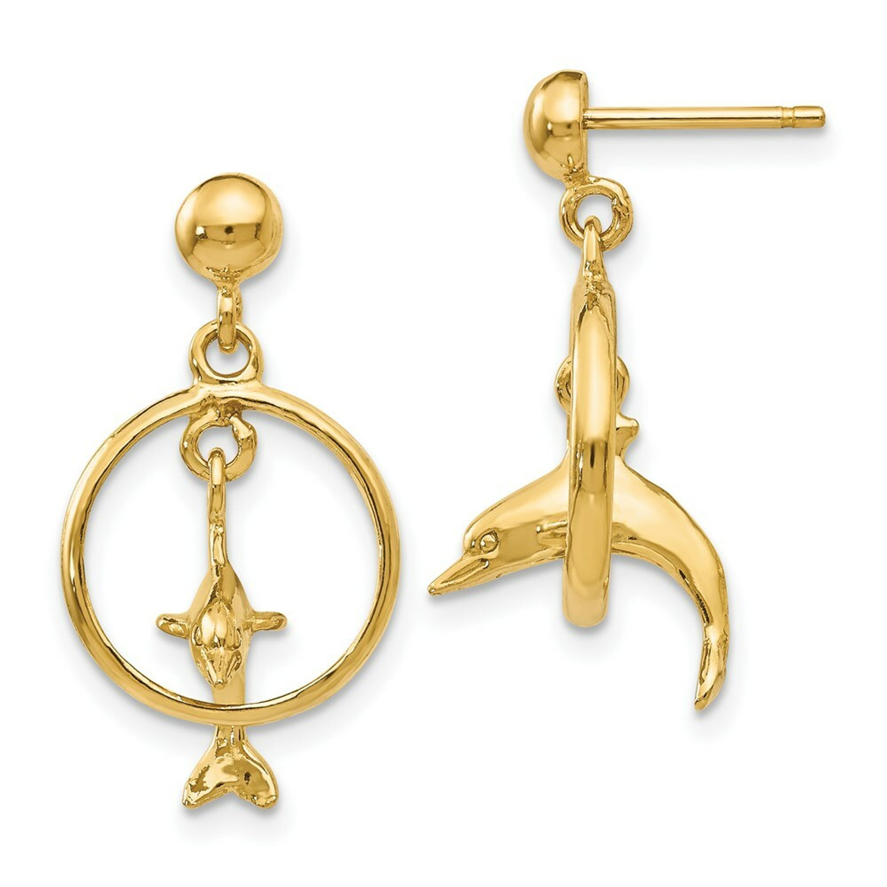 14K Yellow Gold Polished 3-D Dolphin Jumping Through Hoop Dangle Earrings - (B36-854)
