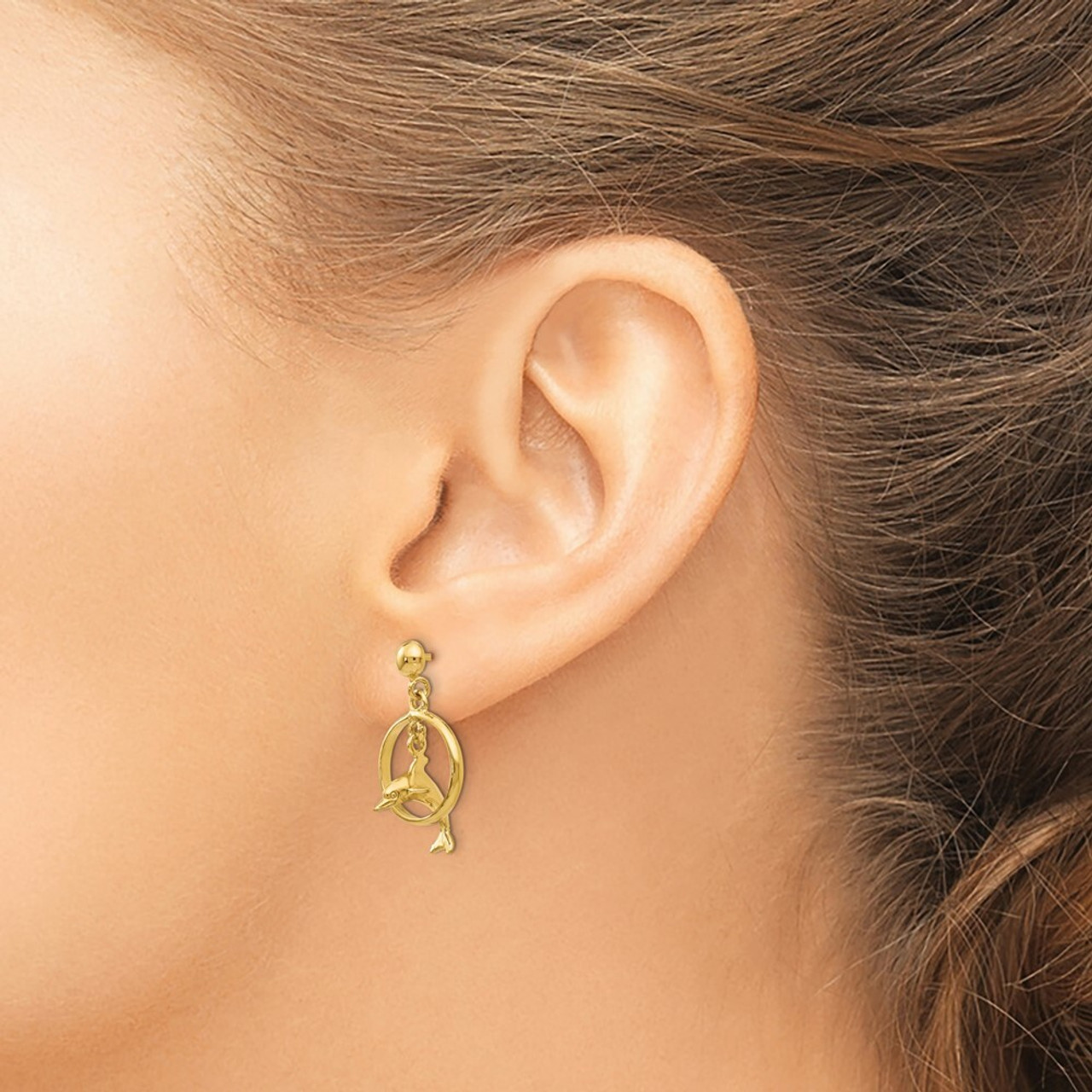 14K Yellow Gold Polished 3-D Dolphin Jumping Through Hoop Dangle Earrings - (B36-854)