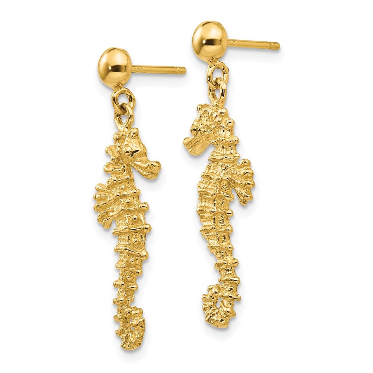 14K Yellow Gold Large Seahorse Dangle Post Earrings - (B41-611)