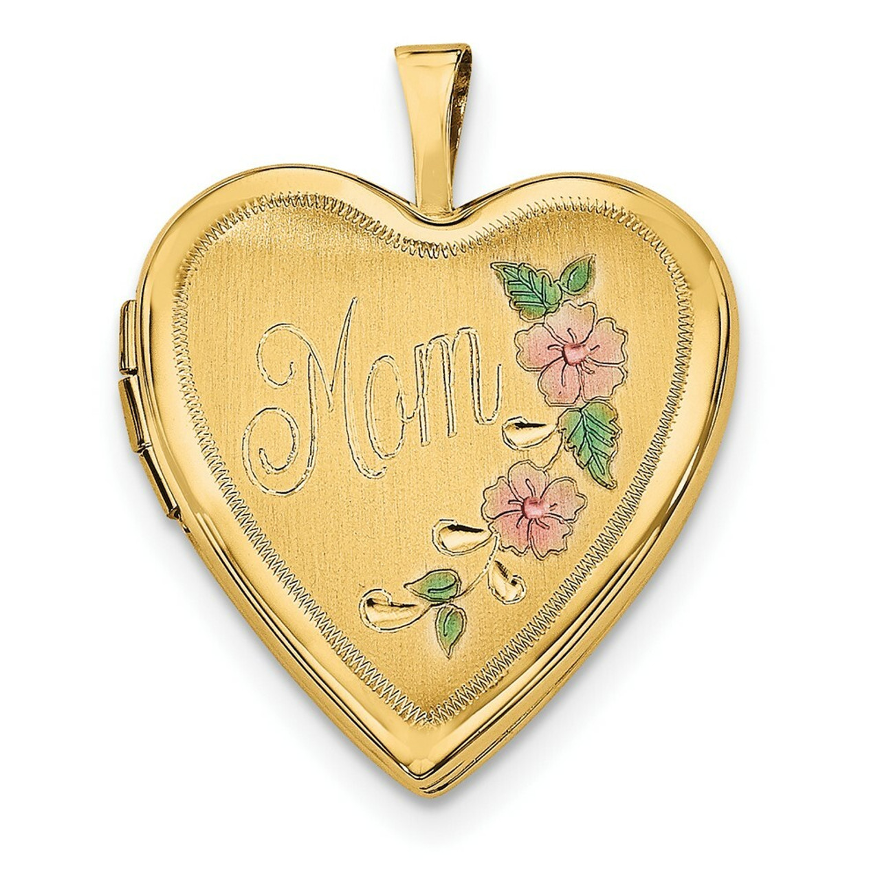 14K Yellow Gold 20mm Enamel Flowers Mom Heart Locket 24x20mm - (A99-300)
