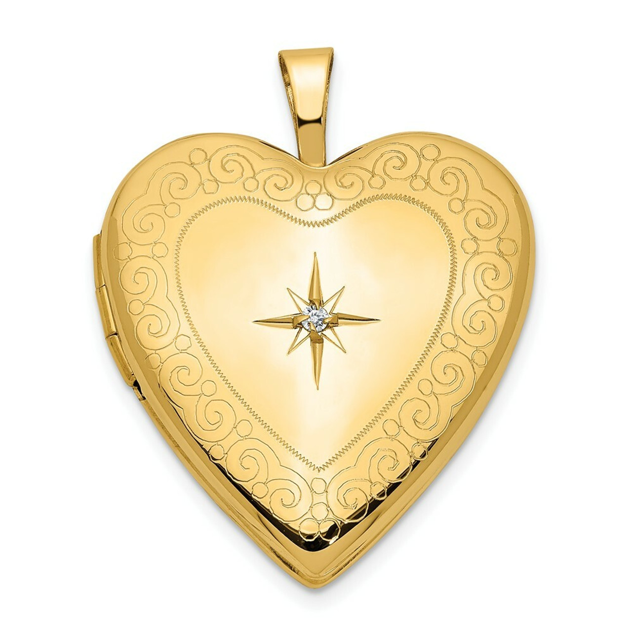 14K Yellow Gold 20mm Side Swirls with Diamond Heart Locket 25x20mm - (A99-471)