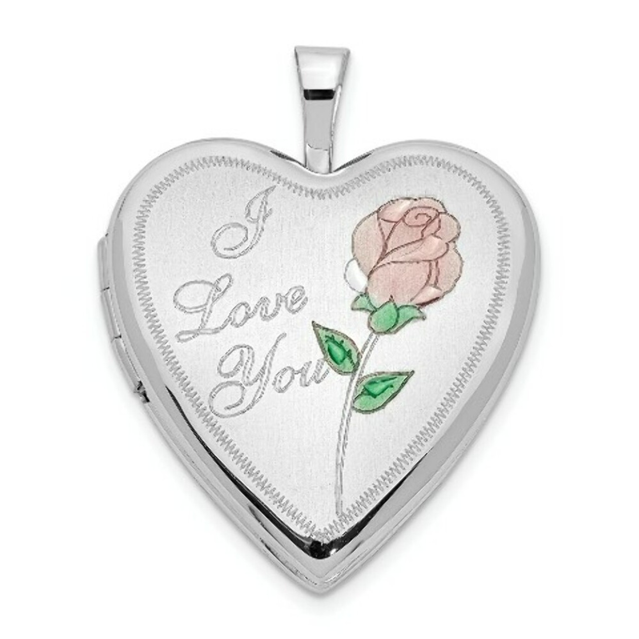 14K Yellow Gold 20mm White Gold Enamel Rose I Love You Heart Locket 24x20mm - (A99-555)