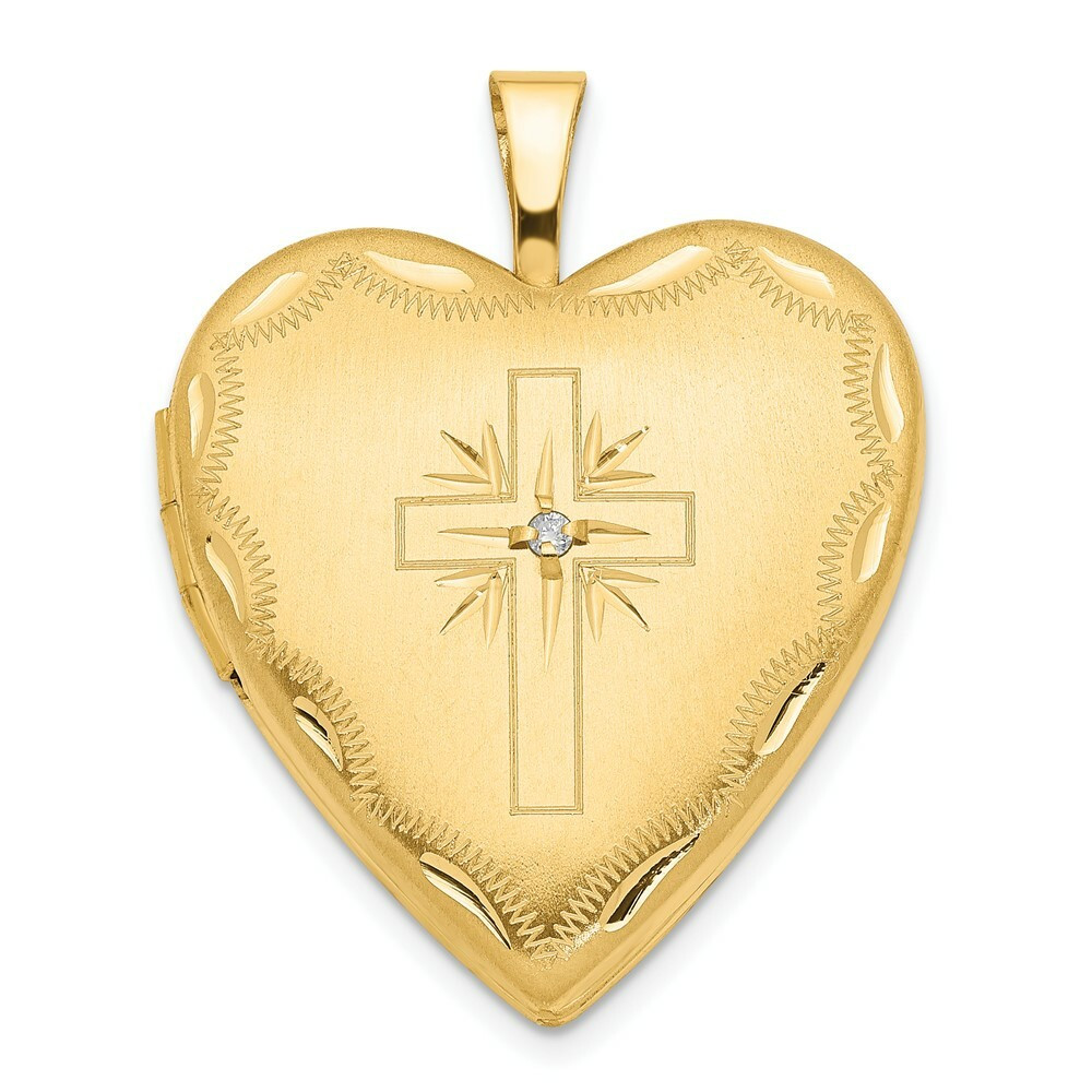14K Yellow Gold 20mm Diamond Set Cross Heart Locket - (A99-839