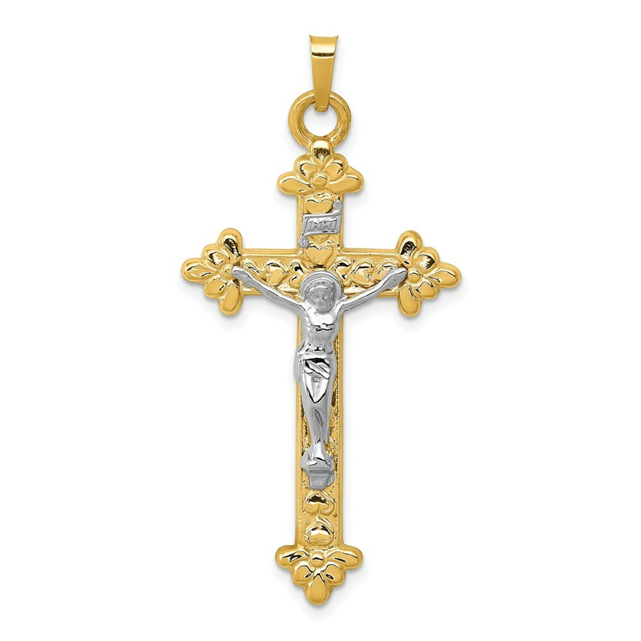 14K Two-tone Gold INRI Hollow Crucifix Pendant 45mm length - (B11-278)