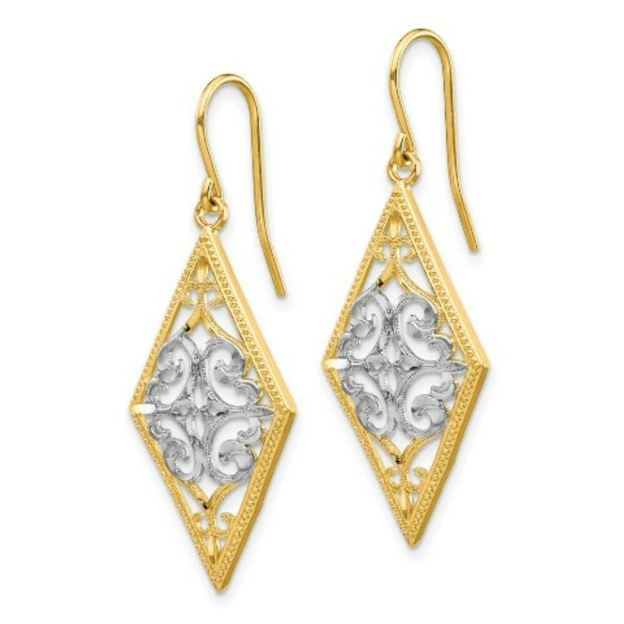 14K Two-tone Gold Rhodium Diamond Shape Filigree Dangle Earrings - (B41-626)
