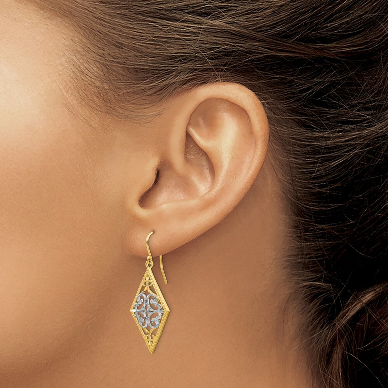 14K Two-tone Gold Rhodium Diamond Shape Filigree Dangle Earrings - (B41-626)