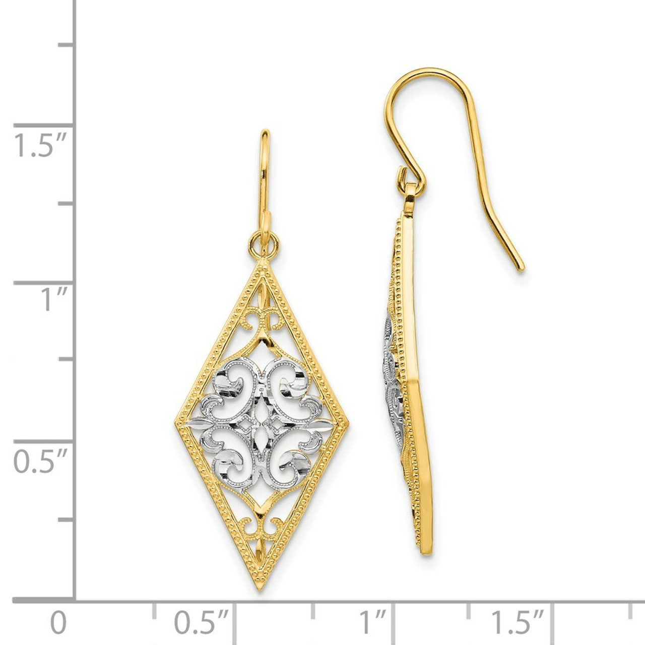 14K Two-tone Gold Rhodium Diamond Shape Filigree Dangle Earrings - (B41-626)