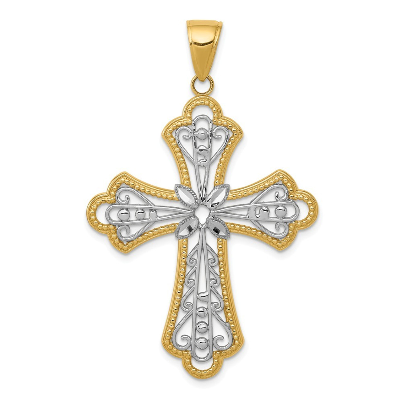 14K Yellow Gold Two-tone Diamond-cut Filigree Cut-out Cross