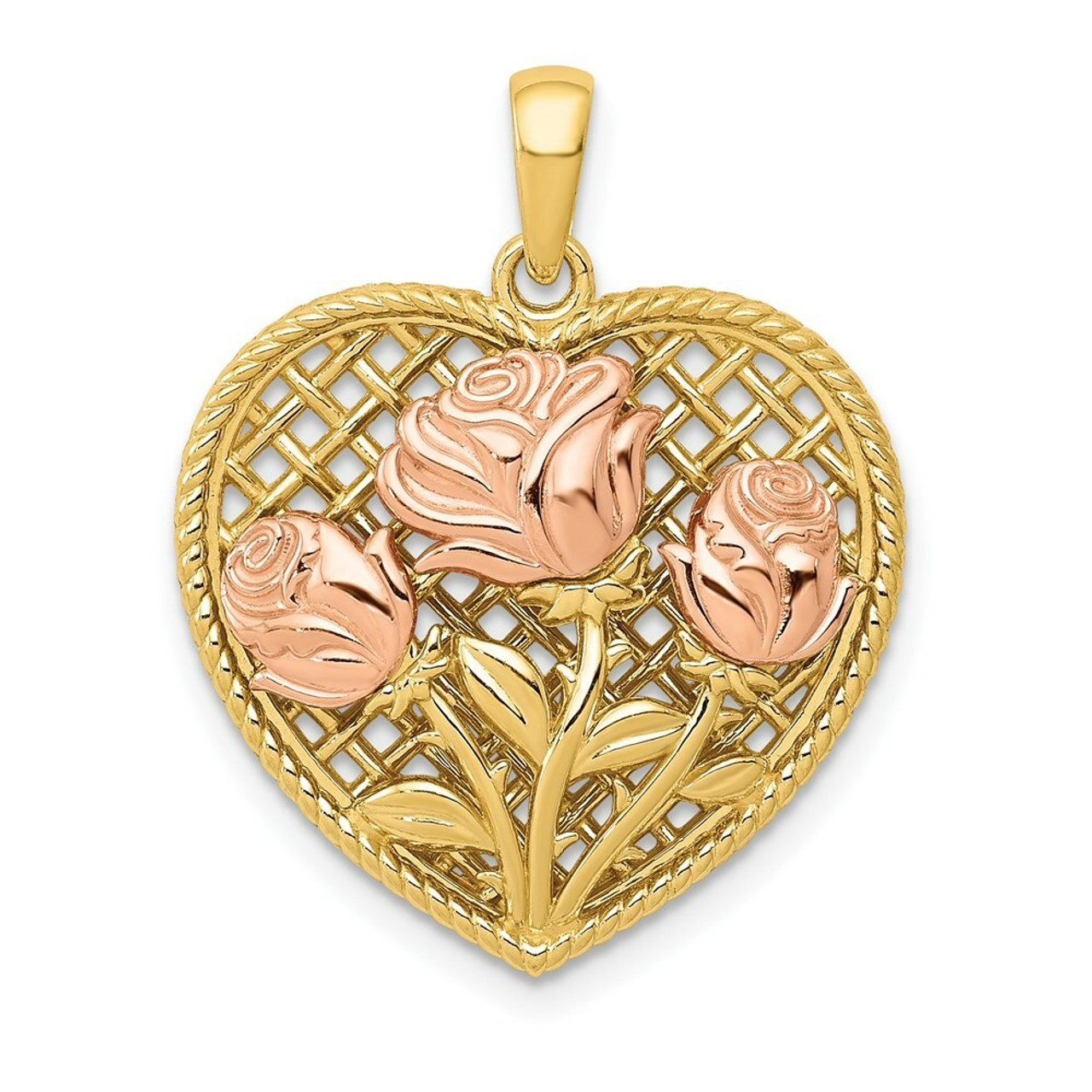 14k Yellow & Rose Polished Roses Basketweave Heart Pendant - (A85-956)