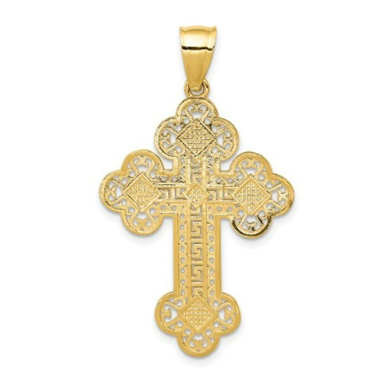 14K Yellow Gold Budded Greek Key Cross Pendant - (A83-142)