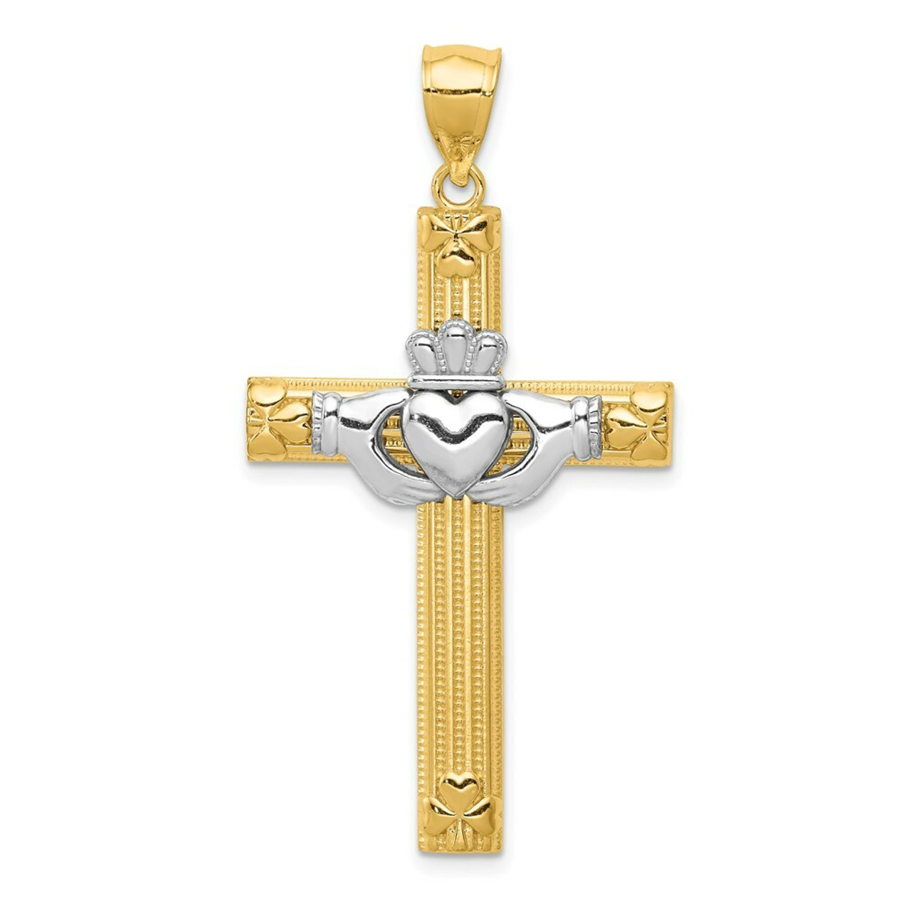 14K Two-tone Gold Claddagh Cross Pendant 47mm length - (A84-470)
