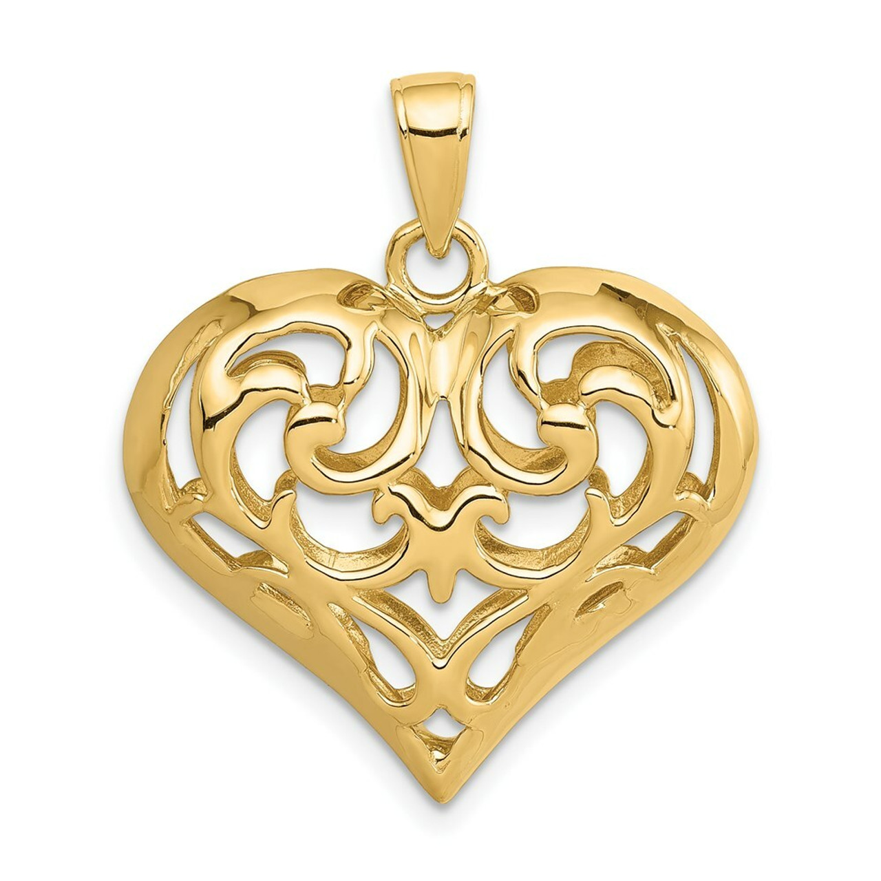 14K Yellow Gold 3-D Diamond-cut Open Filigree Heart Pendant - (A84-589)