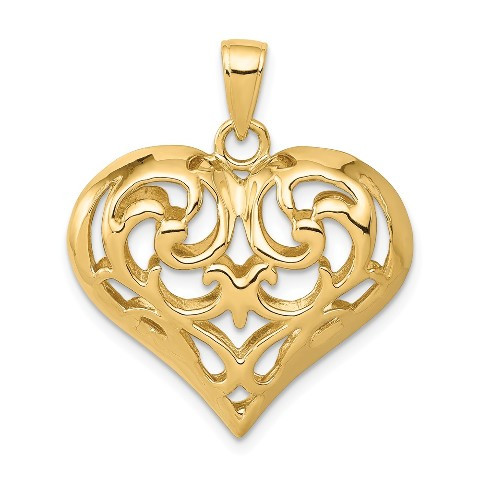 14K Yellow Gold 3-D Diamond-cut Open Filigree Heart Pendant - (A84