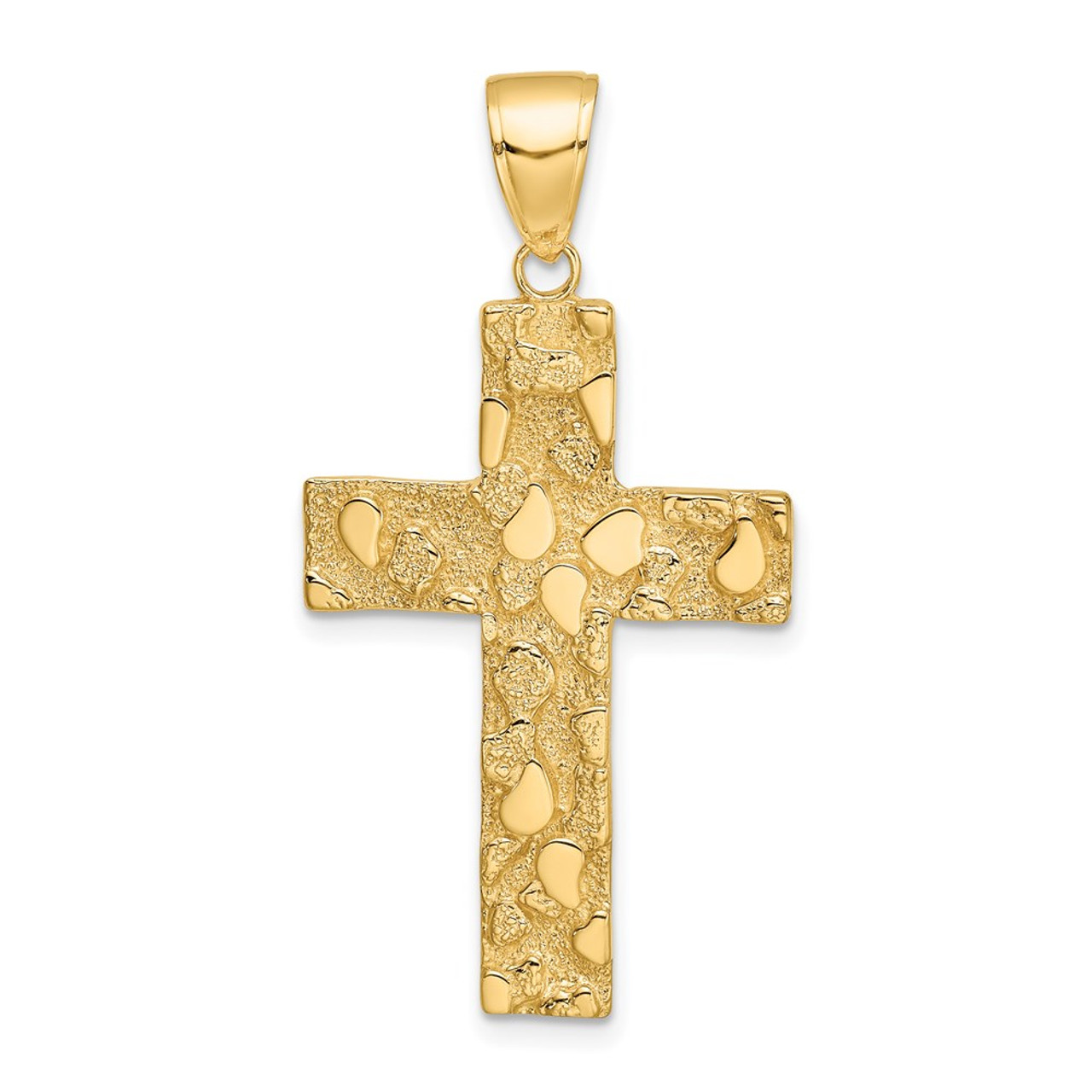 14K Yellow Gold Polished and Textured Nugget Block Style Cross Pendant - (A85-504)