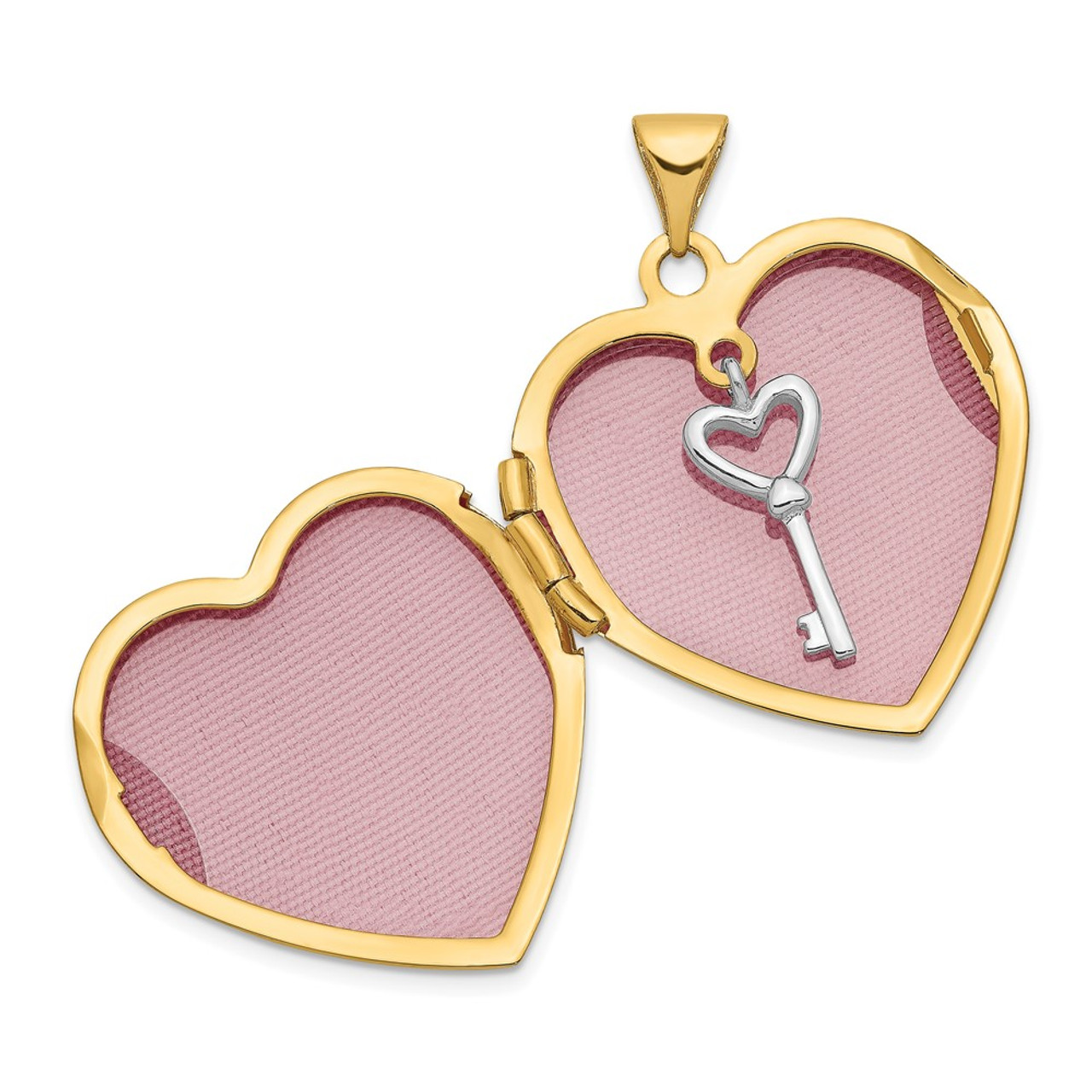 14K Yellow Gold with White Rhodium 21mm Heart Locket (Key Charm Inside Locket) 21x21mm - (A99-394)
