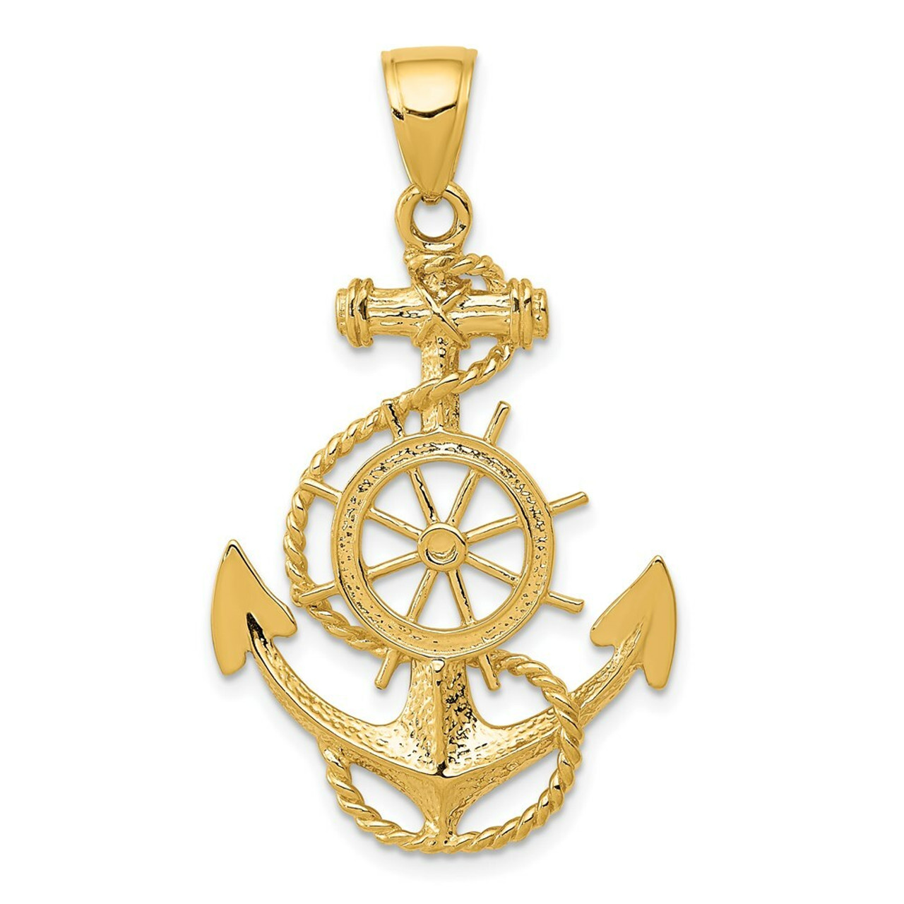 14K Yellow Gold Large Anchor with Wheel Pendant - (A85-254)