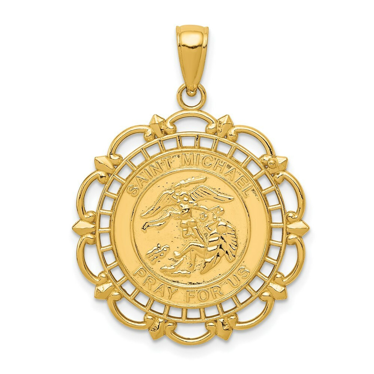 14K Yellow Gold Polished & Satin Saint Michael Medal Pendant - (A85-964)