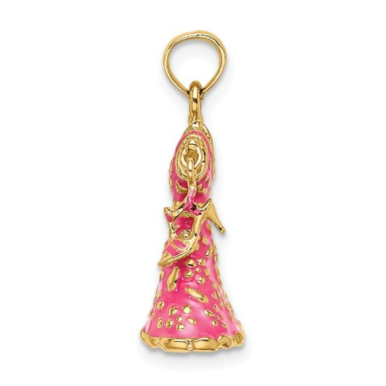 14K Yellow Gold 3-D Moveable Enamel Pink Floral Dress With Shoe