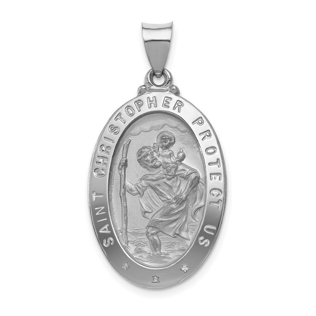 14K White Gold Polished and Satin Saint Christopher Medal Pendant 18mm width - (B11-578)