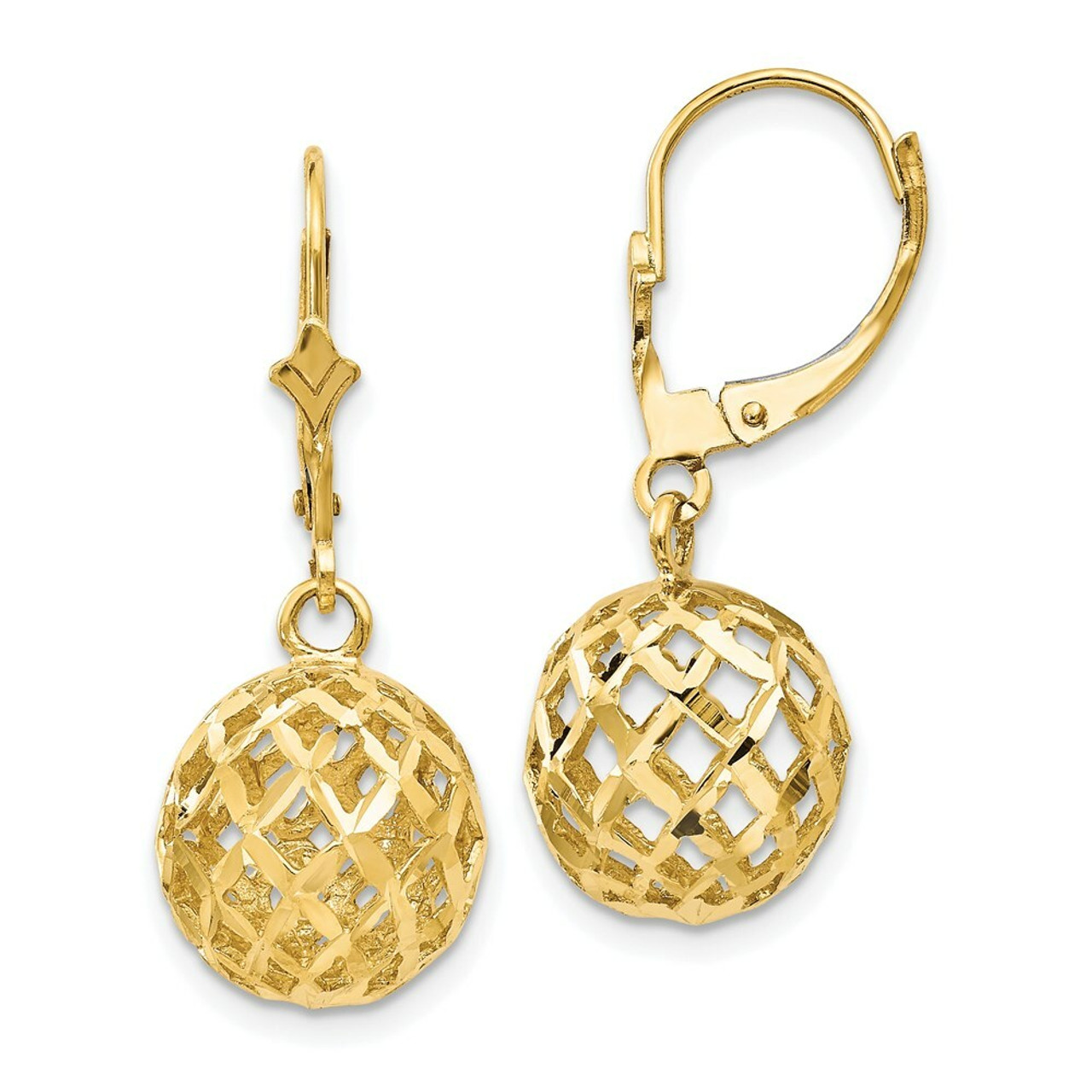 14K Yellow Gold Polished & Diamond-cut Mesh Ball Dangle Leverback Earrings - (B36-899)