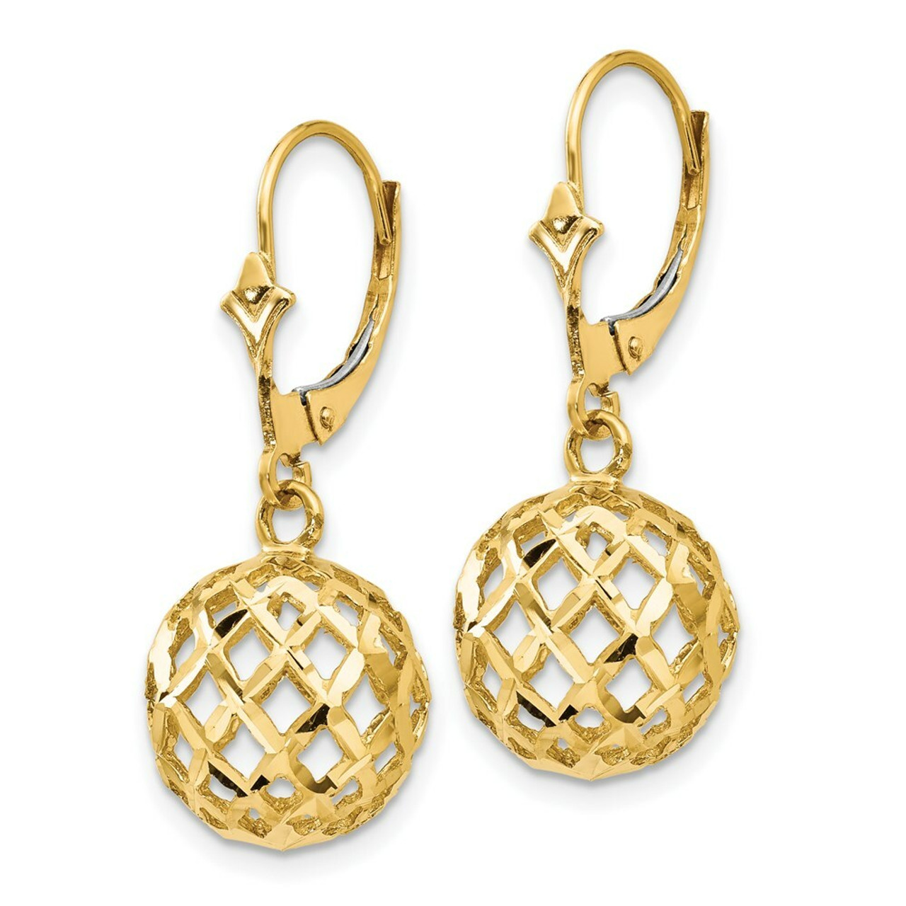 14K Yellow Gold Polished & Diamond-cut Mesh Ball Dangle Leverback Earrings - (B36-899)