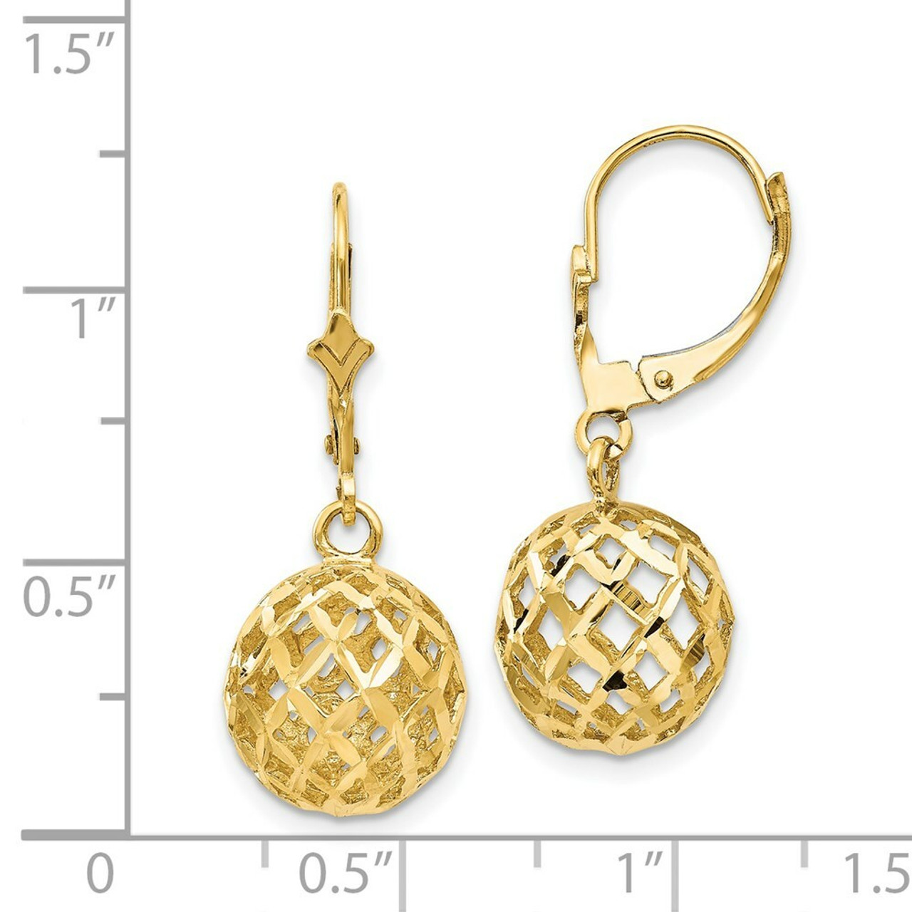 14K Yellow Gold Polished & Diamond-cut Mesh Ball Dangle Leverback Earrings - (B36-899)