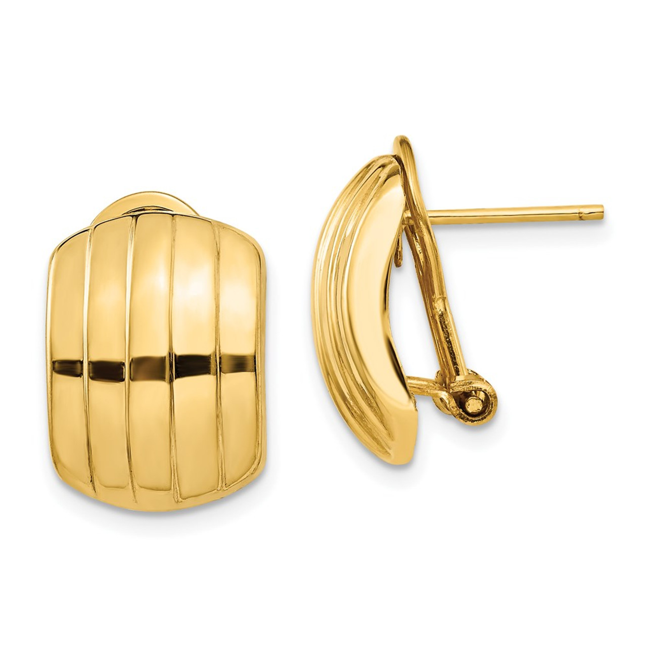 14K Yellow Gold Polished Ribbed Omega Back Post Earrings - 12mm width - (B42-327)
