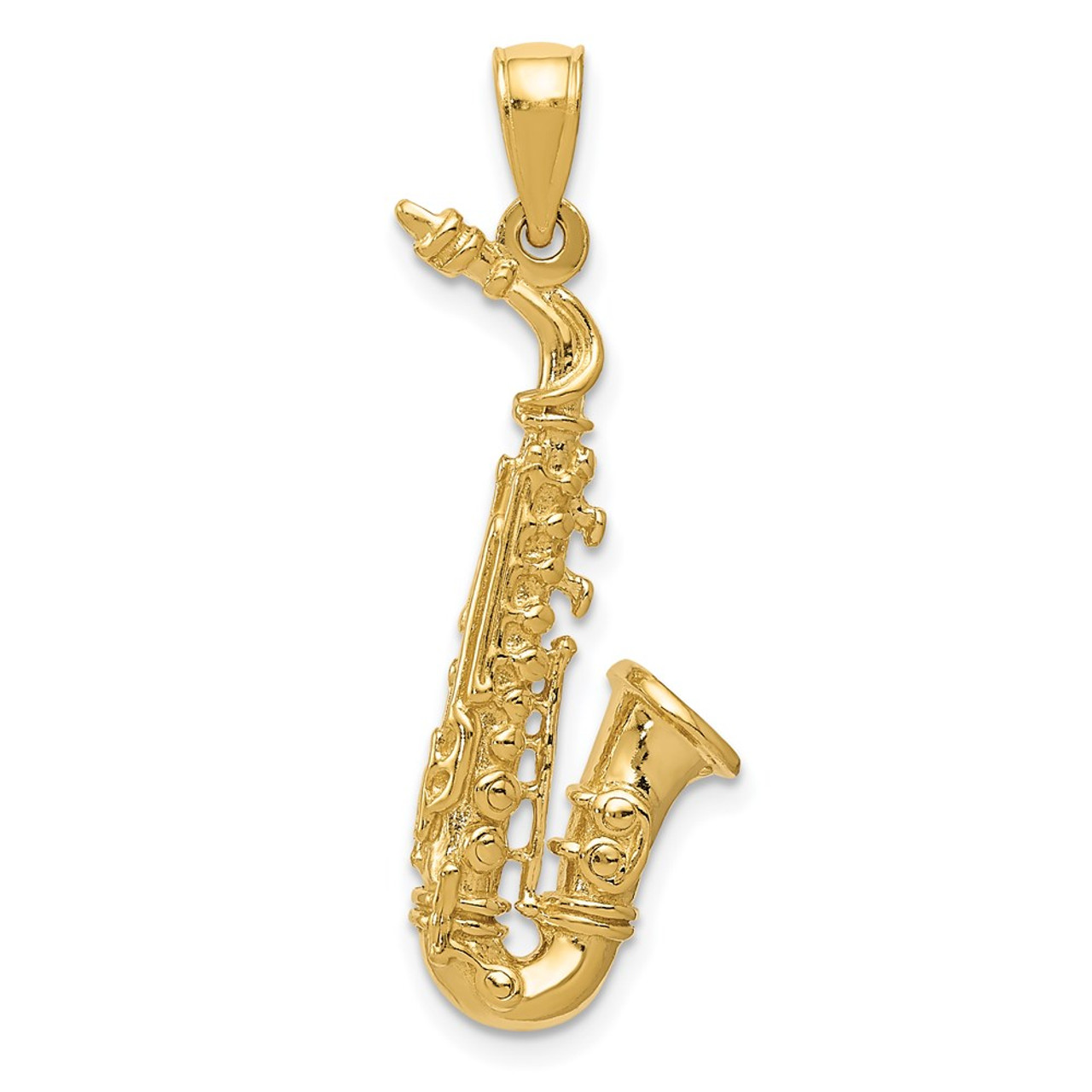 14K Yellow Gold Solid Polished 3-D Saxophone Pendant - (A83-206)