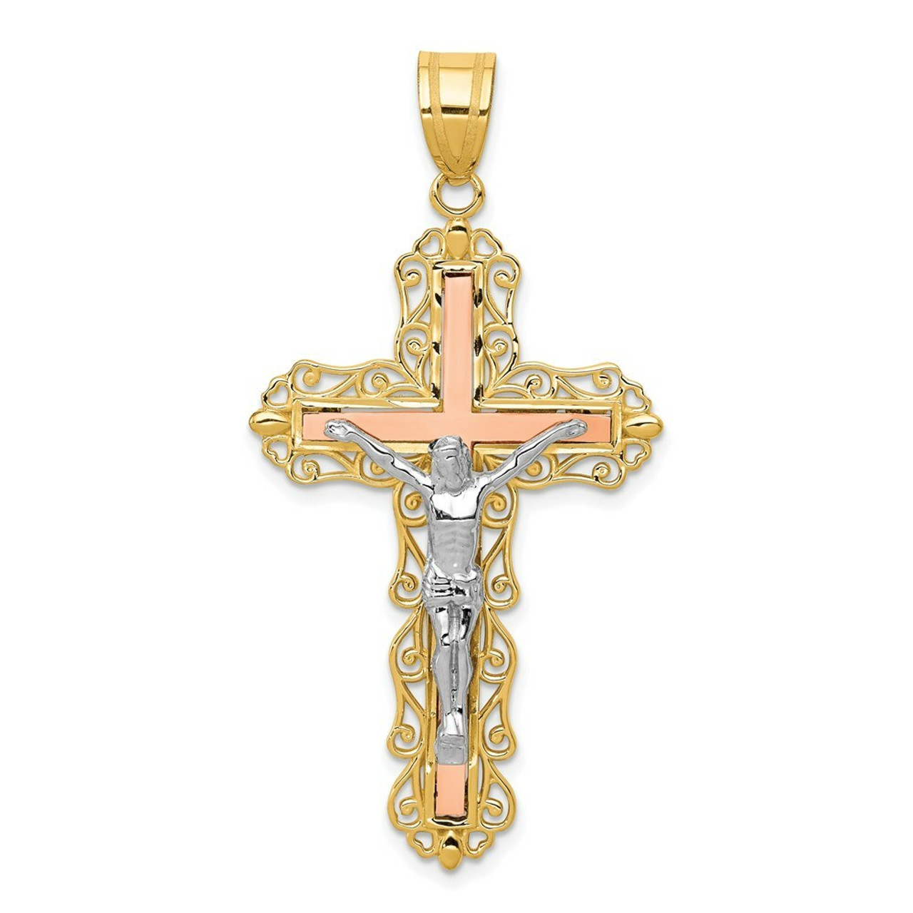 14K Tri-Color Gold Diamond-cut Crucifix Pendant - (A84-475)