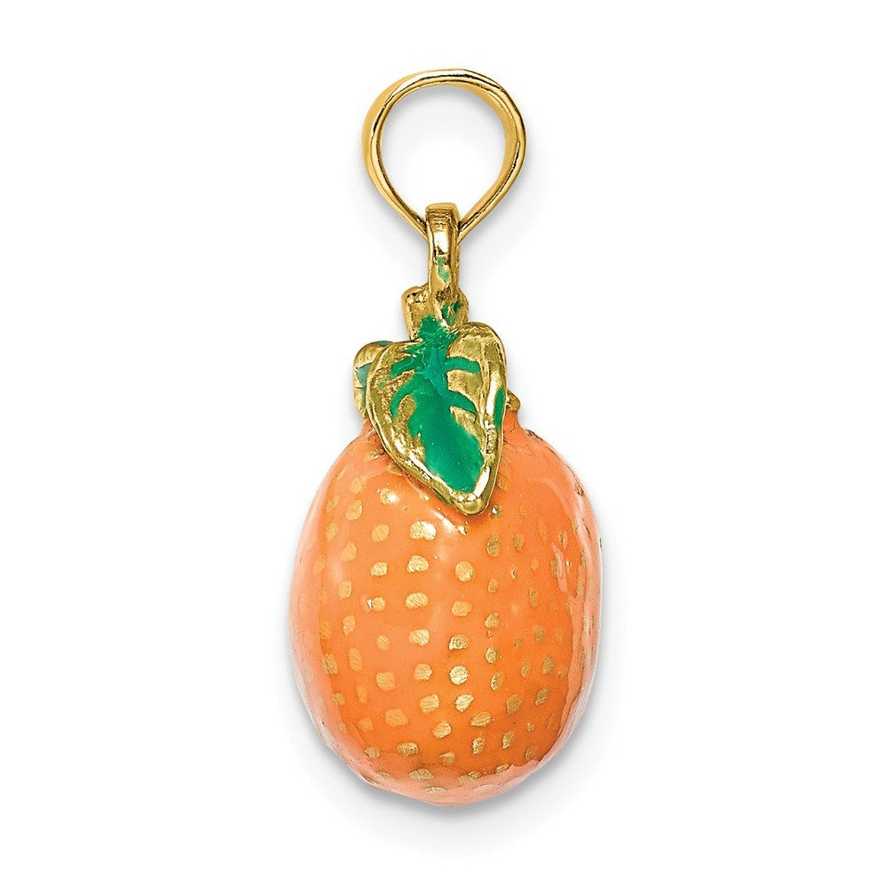 14K Yellow Gold With Enamel 3-D Orange With Stem & Leaf Charm Pendant - (A91-671)