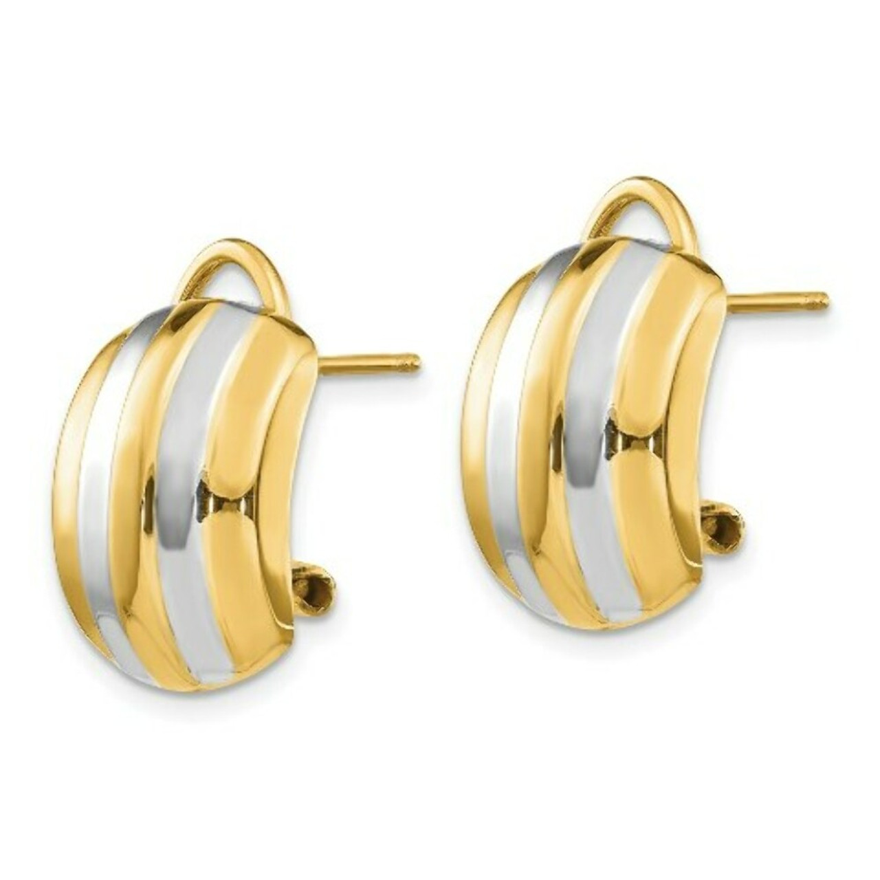 14K Yellow Gold & White Rhodium Ribbed Omega Back Post Earrings - 12mm width - (B42-182)