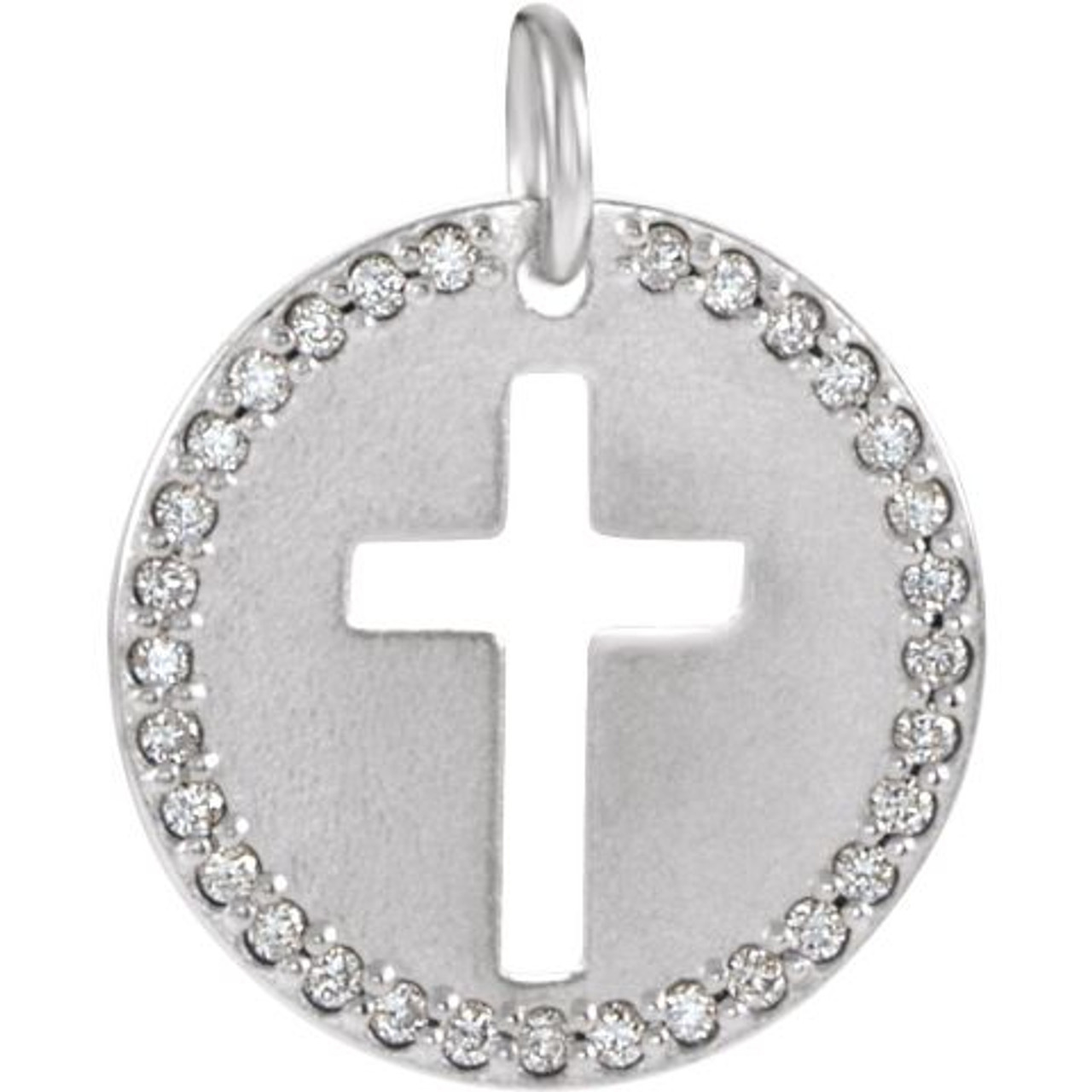 14K White Gold .08-Carat tw Diamond Pierced Cross Disc Pendant - (B15-631)