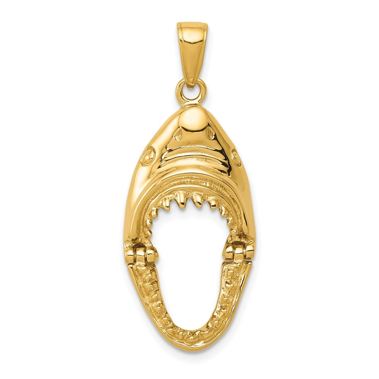 14K Yellow Gold Polished 2-D Jaws Shark Head Mouth Open Pendant