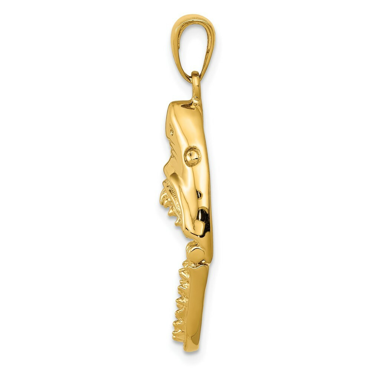 14K Yellow Gold Polished 2-D Jaws Shark Head Mouth Open Pendant - (A85-355)