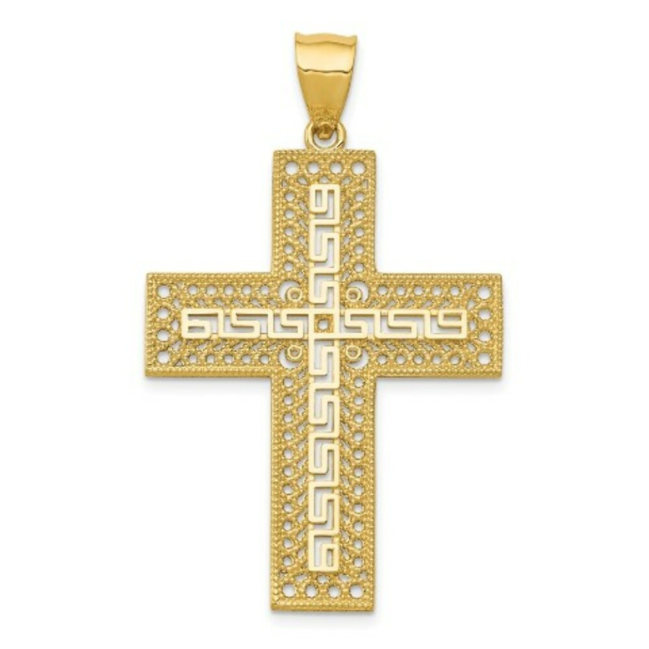 14K Yellow Gold Greek Key Filigree Cross Pendant - (A83-166)