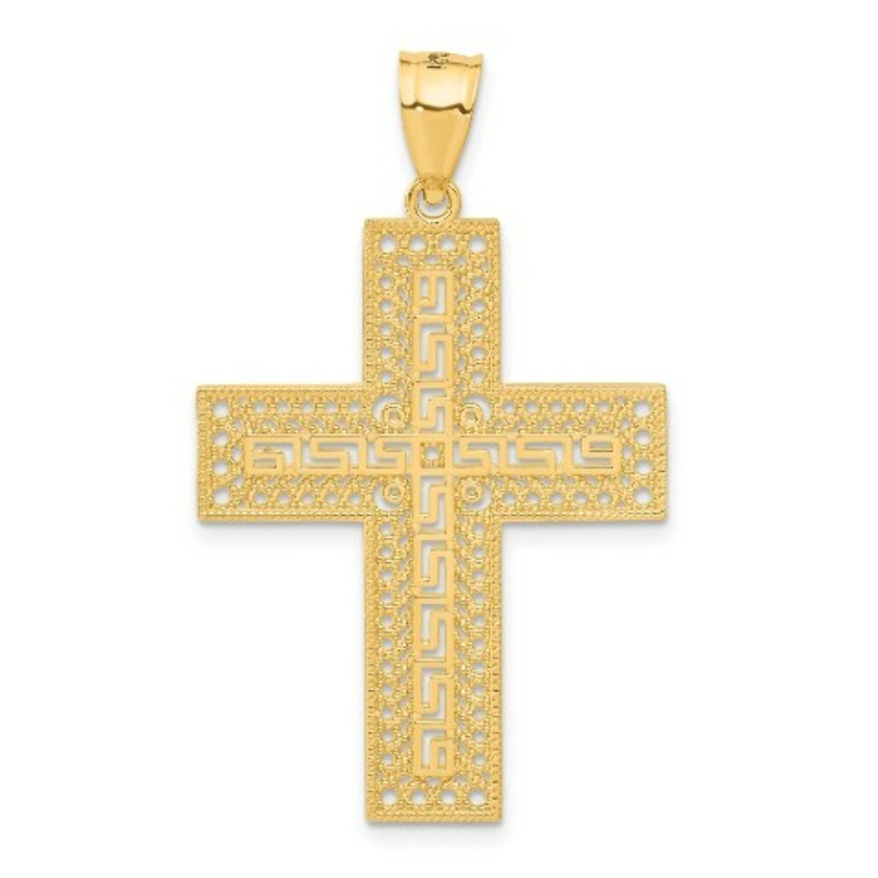 14K Yellow Gold Greek Key Filigree Cross Pendant - (A83-166)