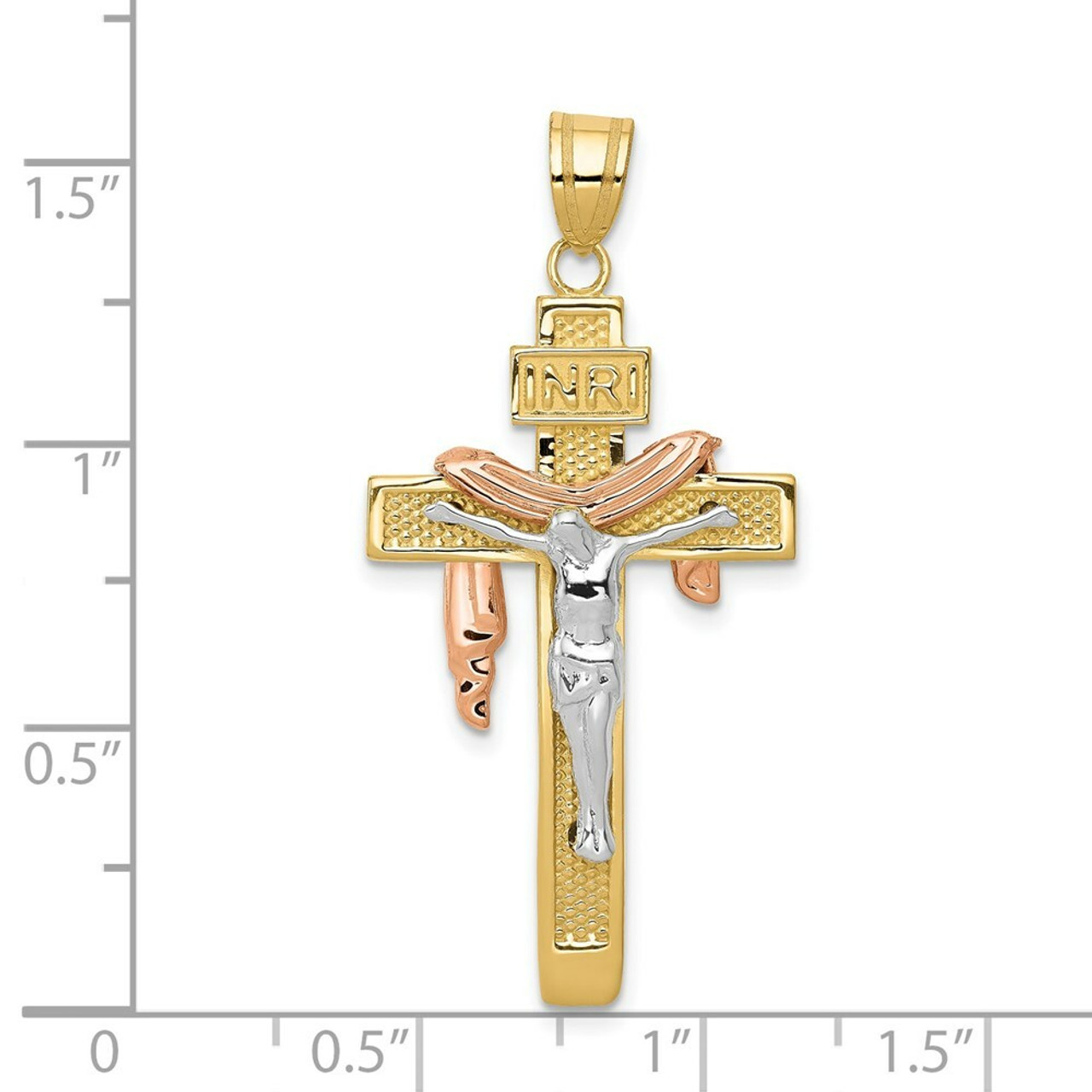 14K Tri-Color Gold Diamond-cut Small Draped INRI Crucifix Pendant - (A84-110)