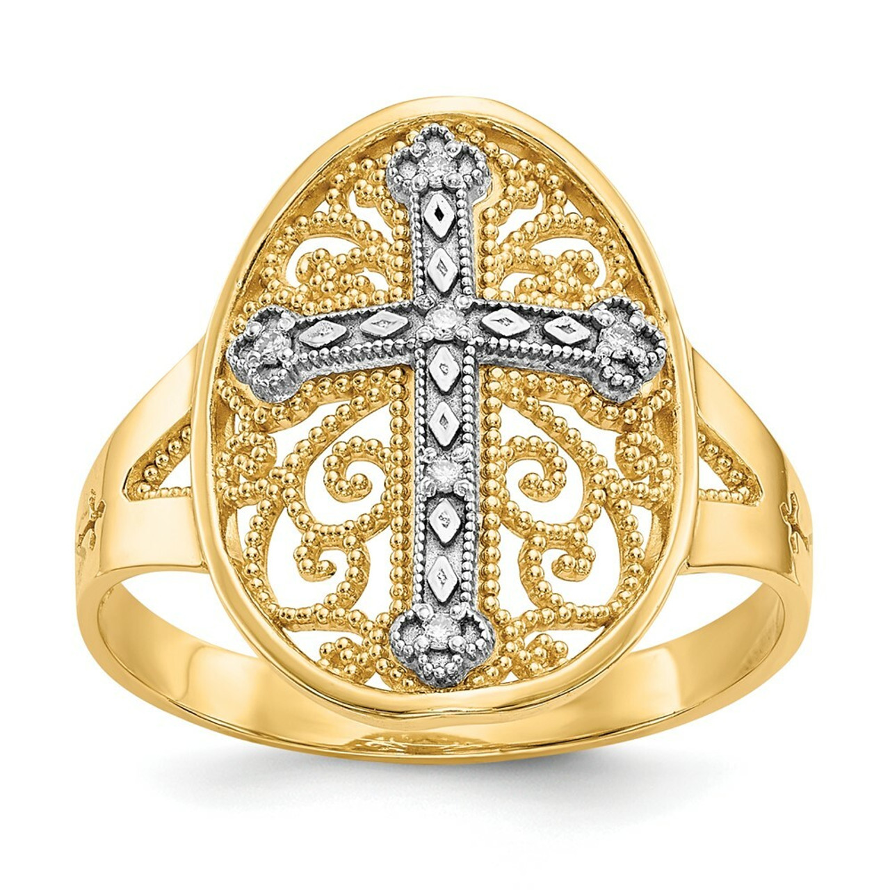 14K Yellow Gold Yellow & White Gold Diamond Filigree Cross Ring - Size 7.5 - (B31-896)
